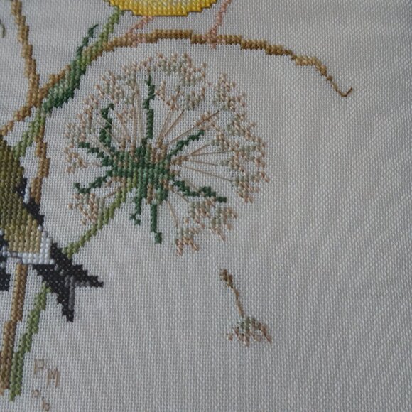Vintage Framed Bird Embroidery Cross Stitch Canary Design 10"x13" Yellow Green - Picture 6 of 10